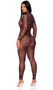 Sheer mesh jumpsuit features a lava print design, long sleeves, mock neck and back zipper closure.