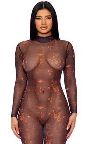 Sheer mesh jumpsuit features a lava print design, long sleeves, mock neck and back zipper closure.