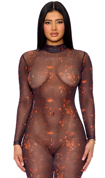 Sheer mesh jumpsuit features a lava print design, long sleeves, mock neck and back zipper closure.