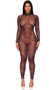 Sheer mesh jumpsuit features a lava print design, long sleeves, mock neck and back zipper closure.