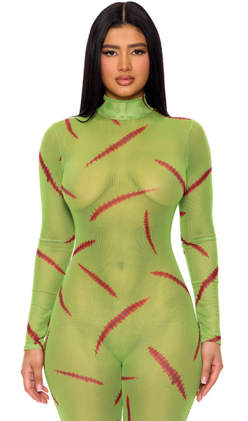 Sheer mesh jumpsuit features a bloody monster slash print with stitches design, long sleeves, mock neck and back zipper closure.