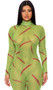 Sheer mesh jumpsuit features a bloody monster slash print with stitches design, long sleeves, mock neck and back zipper closure.