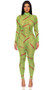 Sheer mesh jumpsuit features a bloody monster slash print with stitches design, long sleeves, mock neck and back zipper closure.