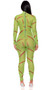 Sheer mesh jumpsuit features a bloody monster slash print with stitches design, long sleeves, mock neck and back zipper closure.