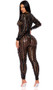 Wet look jumpsuit features laser cut holes in a vertical striped pattern, long sleeves, and back zipper closure.