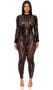 Wet look jumpsuit features laser cut holes in a vertical striped pattern, long sleeves, and back zipper closure.
