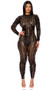 Wet look jumpsuit features laser cut holes in a vertical striped pattern, long sleeves, and back zipper closure.