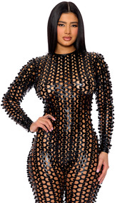 Wet look jumpsuit features laser cut holes in a vertical striped pattern, long sleeves, and back zipper closure.