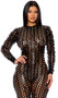 Wet look jumpsuit features laser cut holes in a vertical striped pattern, long sleeves, and back zipper closure.
