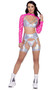 Hologram garter belt features attached wide leg wraps and mini o ring accents.