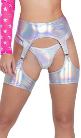 Hologram garter belt features attached wide leg wraps and mini o ring accents.