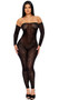 Sheer mesh strapless jumpsuit features velvet leopard print flocking, detached sleeves, and back zipper closure. Can be worn with or without the sleeves.