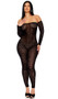Sheer mesh strapless jumpsuit features velvet leopard print flocking, detached sleeves, and back zipper closure. Can be worn with or without the sleeves.