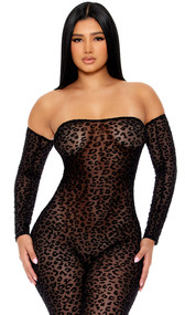 Sheer mesh strapless jumpsuit features velvet leopard print flocking, detached sleeves, and back zipper closure. Can be worn with or without the sleeves.