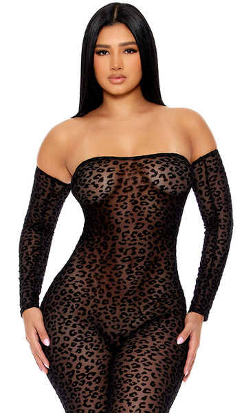 Sheer mesh strapless jumpsuit features velvet leopard print flocking, detached sleeves, and back zipper closure. Can be worn with or without the sleeves.