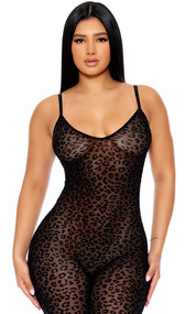 Sheer mesh sleeveless jumpsuit features velvet leopard print flocking, adjustable shoulder straps, and back zipper closure.