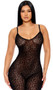 Sheer mesh sleeveless jumpsuit features velvet leopard print flocking, adjustable shoulder straps, and back zipper closure.