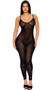 Sheer mesh sleeveless jumpsuit features velvet leopard print flocking, adjustable shoulder straps, and back zipper closure.