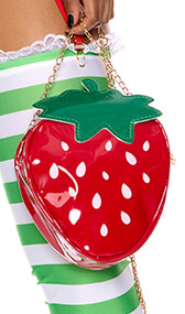 Strawberry shaped handbag features a shiny vinyl fabric, lined inside compartment with zipper closure, and detachable gold chain shoulder strap.