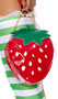 Strawberry shaped handbag features a shiny vinyl fabric, lined inside compartment with zipper closure, and detachable gold chain shoulder strap.