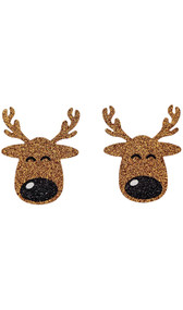 Self adhesive seamless reindeer face shaped pasties with antlers and glitter finish. Disposable, single use. 1 pair per package.