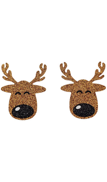 Self adhesive seamless reindeer face shaped pasties with antlers and glitter finish. Disposable, single use. 1 pair per package.