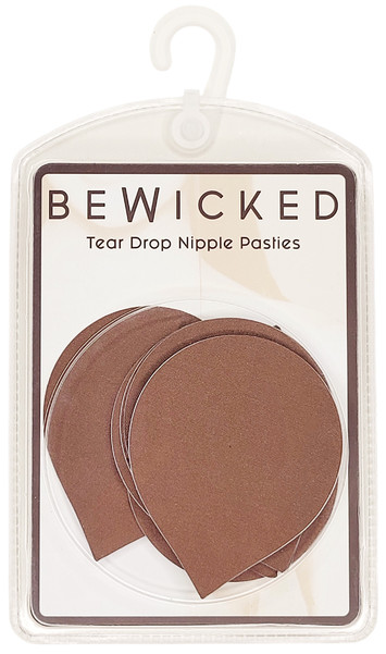 Self adhesive seamless tear drop shaped nipple covers. Disposable, single use. 3 pair per package