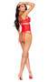 Embroidered lace and mesh bra with underwire cups, flower detail, adjustable shoulder straps and back hook and eye closure. Matching waist cincher with detachable and adjustable garters, and hook and eye back closure. Matching G-string with O ring detail also included. Three piece set.