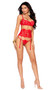Embroidered lace and mesh bra with underwire cups, flower detail, adjustable shoulder straps and back hook and eye closure. Matching waist cincher with detachable and adjustable garters, and hook and eye back closure. Matching G-string with O ring detail also included. Three piece set.