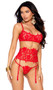 Embroidered lace and mesh bra with underwire cups, flower detail, adjustable shoulder straps and back hook and eye closure. Matching waist cincher with detachable and adjustable garters, and hook and eye back closure. Matching G-string with O ring detail also included. Three piece set.