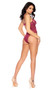 Floral lace and mesh teddy features underwire demi cups, strappy criss cross detail with rhinestone ring accent, scalloped eyelash lace trim, adjustable shoulder straps and keyhole back hook and eye closure.