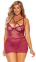 Sheer mesh and eyelash babydoll features underwire demi cups with with strappy details, rhinestone ring accent, adjustable shoulder straps and keyhole back hook and eye closure. Matching G-string also included. Two piece set.