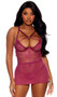 Sheer mesh and eyelash babydoll features underwire demi cups with with strappy details, rhinestone ring accent, adjustable shoulder straps and keyhole back hook and eye closure. Matching G-string also included. Two piece set.