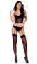 Velvet cami top features underwire cups, eyelash lace bodice, adjustable shoulder straps and flyaway back with hook and eye closure.  Matching panty with ruched back and detachable adjustable garters also included. Two piece set.