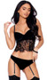 Velvet cami top features underwire cups, eyelash lace bodice, adjustable shoulder straps and flyaway back with hook and eye closure.  Matching panty with ruched back and detachable adjustable garters also included. Two piece set.
