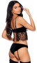 Velvet cami top features underwire cups, eyelash lace bodice, adjustable shoulder straps and flyaway back with hook and eye closure.  Matching panty with ruched back and detachable adjustable garters also included. Two piece set.