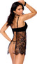 Eyelash lace floral babydoll features velvet underwire cups, adjustable shoulder straps and flyaway open back with hook and eye closure. Matching G-string also included. Two piece set.