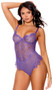 Eyelash lace and mesh teddy features underwire cups, scalloped trim, adjustable shoulder straps and keyhole hook and eye back closure.