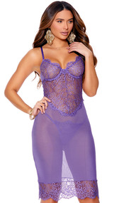 Tea length eyelash lace and mesh gown features underwire cups, scalloped trim, adjustable shoulder straps and hook and eye back closure. Matching G-string also included. Two piece set.