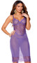 Tea length eyelash lace and mesh gown features underwire cups, scalloped trim, adjustable shoulder straps and hook and eye back closure. Matching G-string also included. Two piece set.