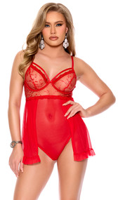 Mesh teddy features floral embroidered bodice, strappy underwire cups with scalloped trim, attached sheer mesh skirted side panels, adjustable shoulder straps and hook and eye back closure.
