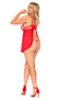 Sheer mesh babydoll features floral embroidered bodice, strappy underwire cups with scalloped trim, adjustable shoulder straps, flyaway open back with ruffle trim, and hook and eye back closure. Matching G-string also included. Two piece set.