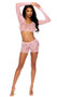 Stretch cami crop top features sheer heart net pattern, long sleeves and scoop neck. Matching booty shorts also included. Two piece set.