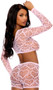 Stretch cami crop top features sheer heart net pattern, long sleeves and scoop neck. Matching booty shorts also included. Two piece set.