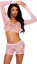 Stretch cami crop top features sheer heart net pattern, long sleeves and scoop neck. Matching booty shorts also included. Two piece set.
