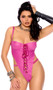 Leather teddy with underwire cups, lace up front, adjustable shoulder straps, high cut on the leg with open sides, elastic thong back and hook and eye closure.
