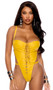 Leather teddy with underwire cups, lace up front, adjustable shoulder straps, high cut on the leg with open sides, elastic thong back and hook and eye closure.