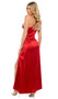 Stretch satin nightgown features venise lace trim, plunging neckline, fit and flare skirt with high slit opening, and criss cross adjustable shoulder straps.