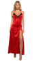 Stretch satin nightgown features venise lace trim, plunging neckline, fit and flare skirt with high slit opening, and criss cross adjustable shoulder straps.