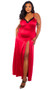 Stretch satin nightgown features venise lace trim, plunging neckline, fit and flare skirt with high slit opening, and criss cross adjustable shoulder straps.